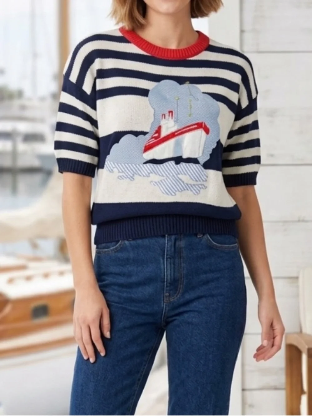 *NEW* NAOMI BEE Striped Nautical Ship Embroidered Sweater Vintage Medium NWT